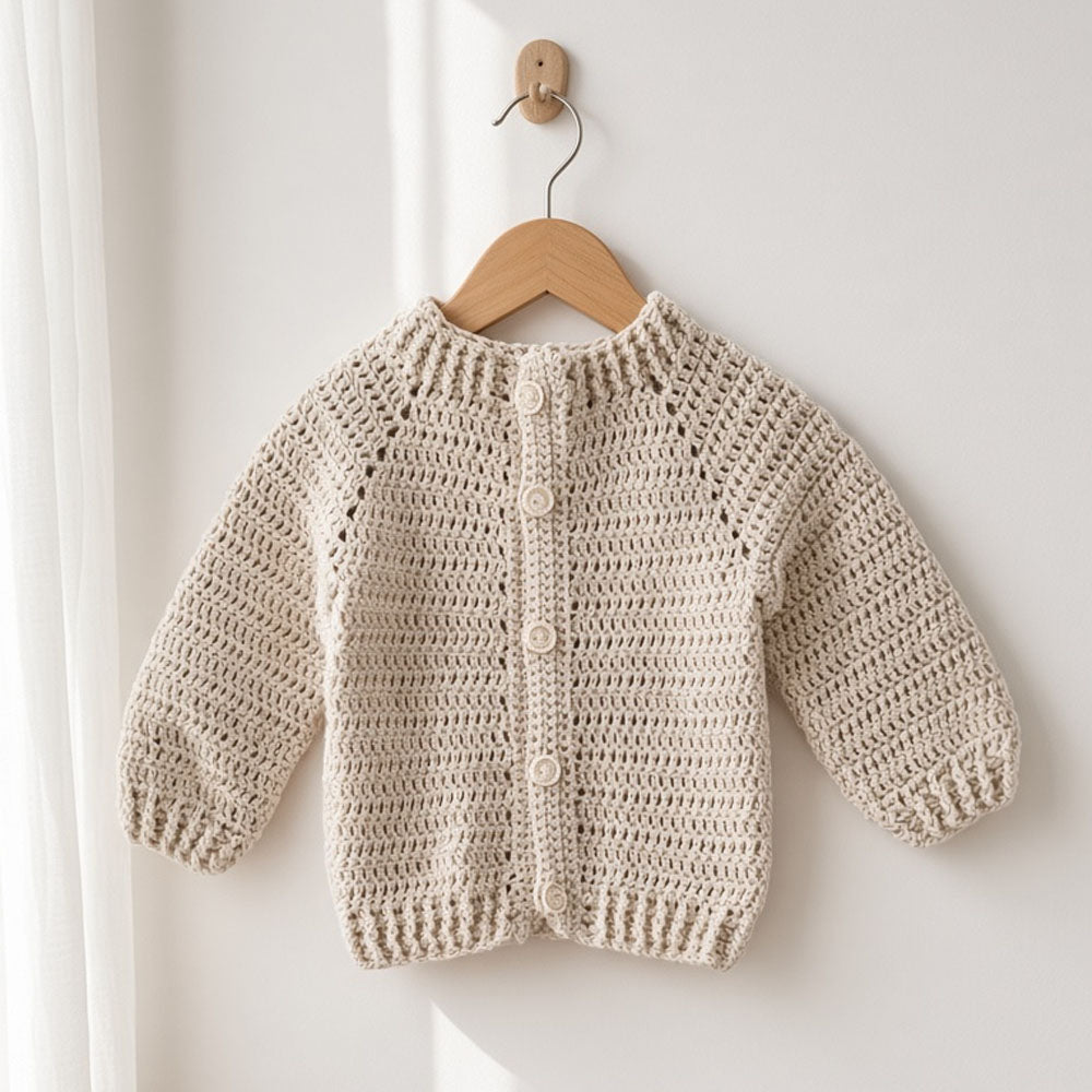 Chaleco de crochet beige con botones al frente y cuello alto
