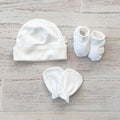Gorro blanco y patucos blancos de bebé, conjunto de 3 esenciales