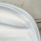 Detalle del borde celeste con puntilla picot y costura decorativa