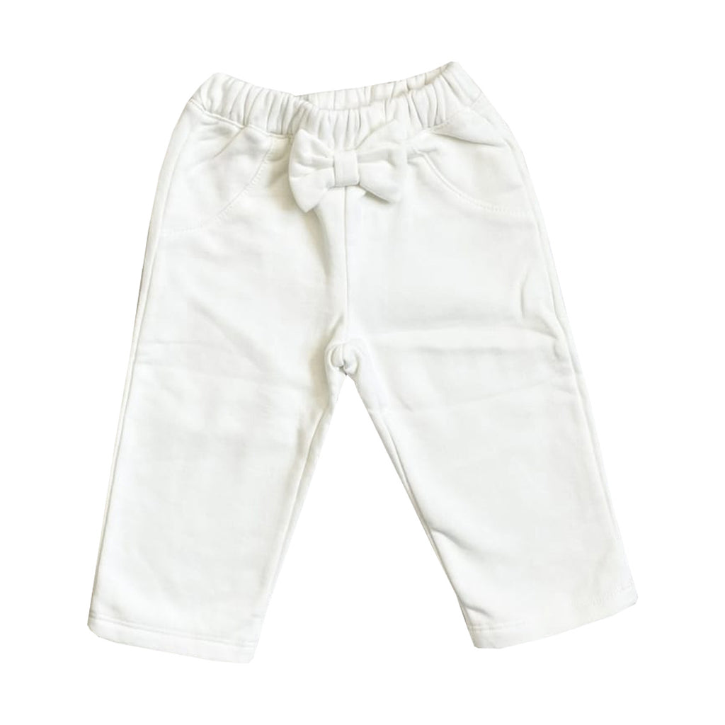 Pantalón blanco de bebé con bolsillos laterales y moño frontal, dobladillo